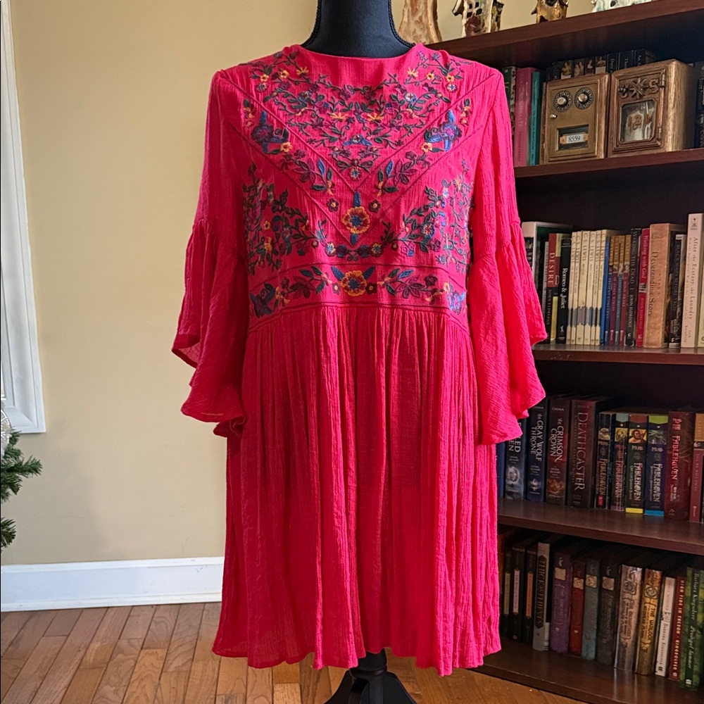 Umgee Red Floral Embroidered Long Sleeve Dress